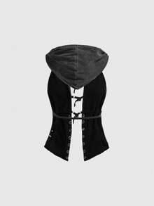 ROMWE Avant Áo tank top nữ mùa xuân/hè phong cách avant-garde chất liệu vải mài rách, có khuy cài phía trước, họa tiết đục lỗ, cài cúc. - màu đen - Xem 2