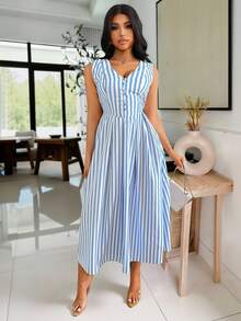 SHEIN Unity Vestido midi de botões com cintura e sem mangas, listrado, para o verão - Azul - Visão 6