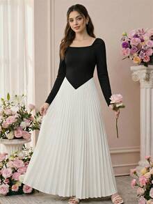 Knit Top & Pleated Maxi Skirt Set For Teen GirlSuitable For Dates, Commuting, Casual Outings, And Social Gatherings - Multicolor - View 2