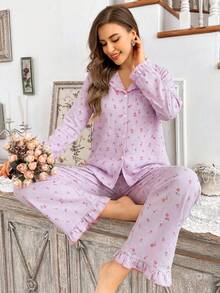 CottageSlumber Conjunto de pijama de cárdigan con cuello de volantes de burbujas florales y pantalones para mujer, ropa de otoño e invierno - Multicolor - Ver 6