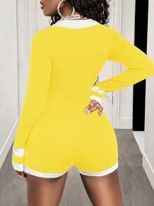 BamGleam Women's Contrast Color Collar Long Sleeve Casual Knitted Romper - Yellow - View 2