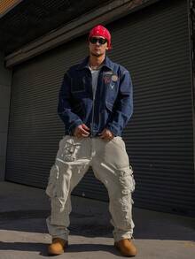 DAZY Men's Denim Jacket With Embroidered Lettering Pattern, Navy Blue, Suitable For Spring And Autumn - Blue - View 5