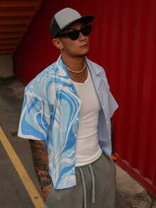 DAZY Men's Patchwork Contrast Color Digital Print & Solid Color Blue Shirt, Summer - Blue - View 7