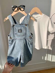 2pcs/Set Young BoyFitted Denim Bib Shorts And White T-Shirt - Blue - View 5