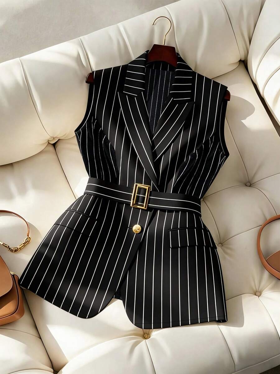 GlowEve Women's Summer Casual/Office Commute Striped Print Peak Collar Buckle Belted Vest - Black and White - View 1