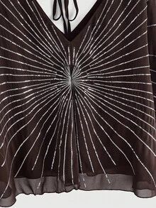 ROMWE Avant Áo kiểu Bohemian cổ chữ V dáng suông đính cườm và sequin cổ điển - màu nâu - Xem 3