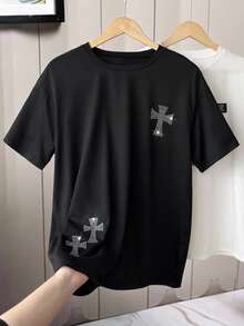 Coolqubz Teen Boy Spring/Summer New Edgy Cross Studded Short Sleeve Dark T-Shirt - Black - View 1