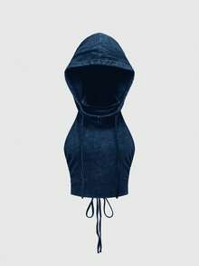 ROMWE Grunge Punk Spring/SummercasualPunk Apocalyptic Music Festival Hooded Backless Drawstring Design Fitted Cropped Women Tank Top - Blue - View 5