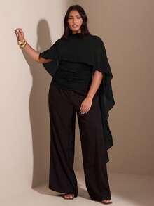 SHEIN BAE Plus Size Elegant Asymmetric Shoulder Tie Design Fitted Slim Top - Black - View 4