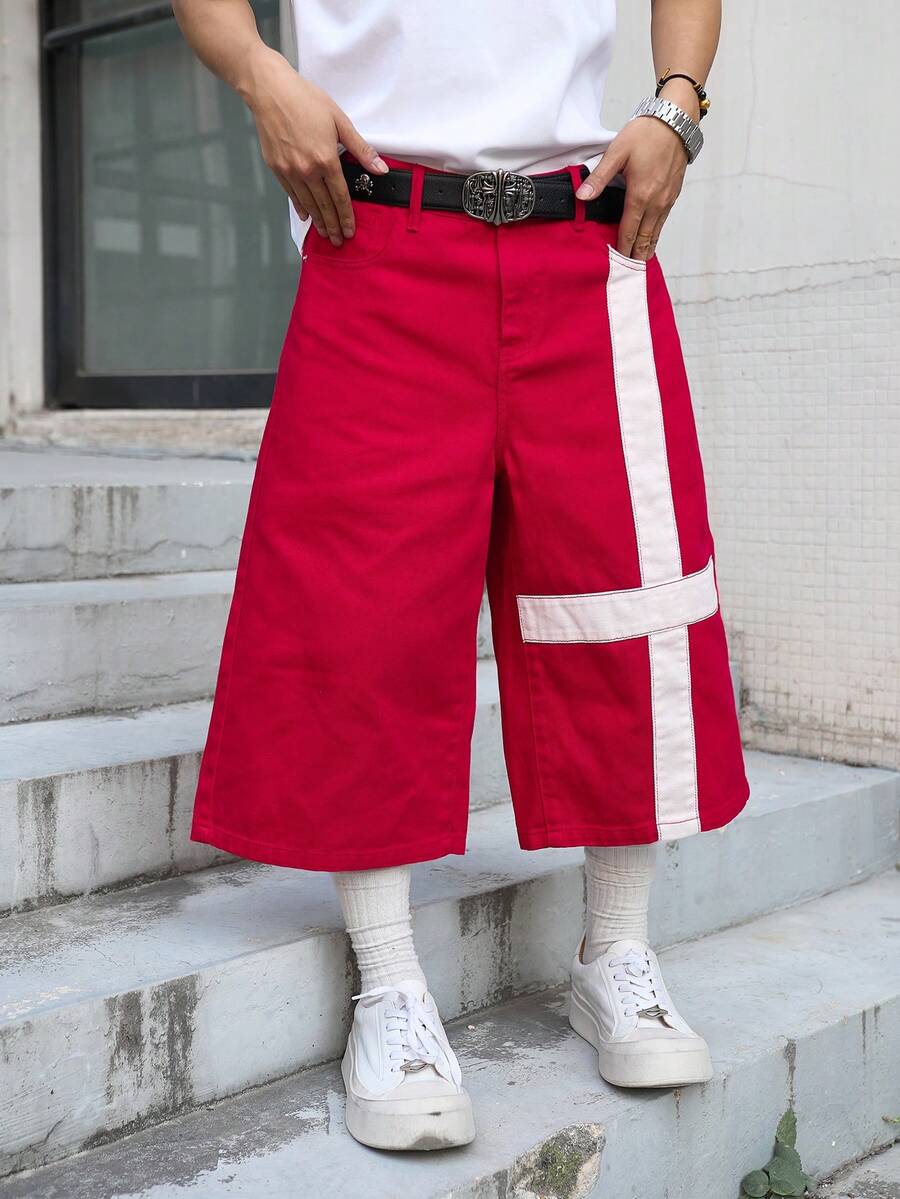 Manfinity EMRG Men's Contrast Color Patchwork Casual Loose Fit Denim Shorts With Belt Loops Red Jean Shorts Men - Red - View 1