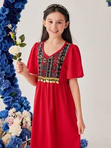 SHEIN 青少年女孩幾何圖案v領短袖a字裙,下擺弧形設計 - 紅色 - 查看 6