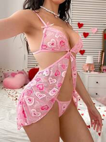 PetitDoll 2pcs/Set Valentine's Day Pink Heart Sexy Backless Camisole Nightgown Set