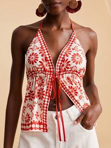 Travachic Women's Floral Print Knotted Halter Casual Vacation Tank Top,Vacation Casual Terno Outfit For Women,Summer Holiday Outfits,Spring Break Outfits,Party Outfit,Beach Outfit,Spring Clothing,Valentine's Day,Valentine Outfits For Women,Carnival Costume,Elegant,Floral,Carnival,Spring To Summer ,Party ,Carnival Costume, Mexican Style Women Boho  For Women,Red Tops - Red and White - View 1