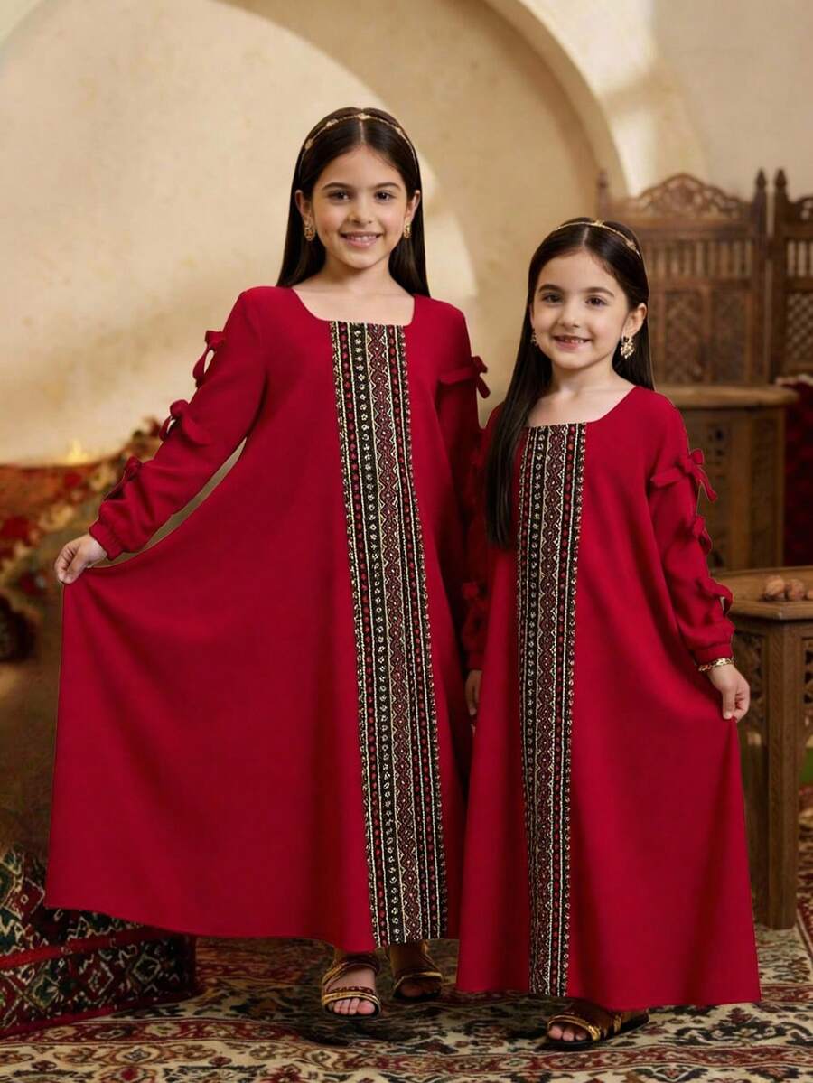 SHEIN Đầm thường ngày họa tiết nơ vuông dệt trơn màu cho bé gái - Đỏ - Xem 1