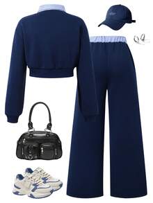 Sparklyn Bộ 2 món cho bé gái tuổi teen, gồm áo croptop dài tay dáng rộng và quần ống thẳng, thích hợp mặc hàng ngày vào mùa xuân, thu và đông, có thêu và đính họa tiết. - Màu xanh hải quân - Xem 2