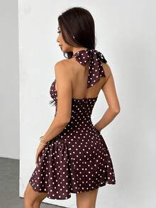 SHEIN PETITE 女士波点V领镂空腰A字迷你连衣裙，适合派对、圣诞节、约会、夜店、波西米亚风、度假、秋季等场合。 - 棕色 - 查看 2
