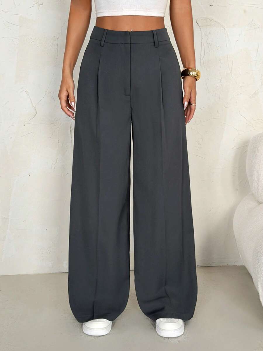 SHEIN PETITE Women's High Waist Pleated Wide Leg Loose Casual Pants, Spring - Grey - View 1