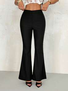 SHEIN PETITE Sexy Summer Business Office Casual Solid Flare Leg Pants - Black - View 4