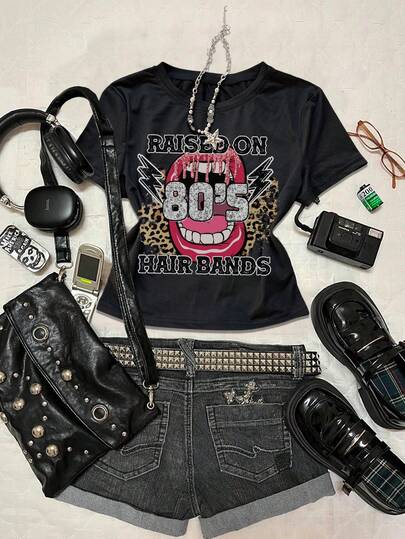 Glimmora 80s Rock Band Fitted Cropped Short Sleeve Black T-Shirt, Y2K Retro T-Shirt, Street Crop Waist T-Shirt, 80s T-Shirt, Teens, Rock, Birthday T-Shirt, Concert T-Shirt, 80s Rock, True Rock T-Shirt, Leopard Print T-Shirt, Lips T-Shirt