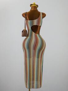 Bonvoyette Spring/Summer Knit Jacquard One-Shoulder Wireless Women Beach Vacation Viral Long Dress Coverup - Multicolor - View 2