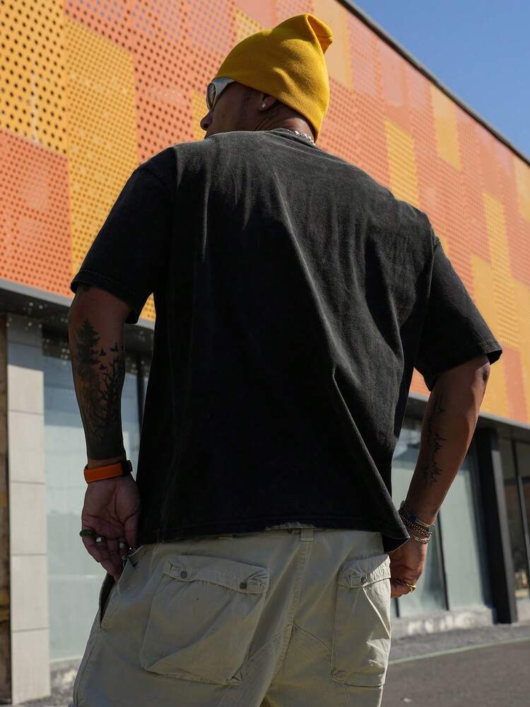 Vintage Washed Colorful Graphic Print Street Style T-Shirt For Men, Summer