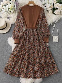 SHEIN Tall CURVE Sukienka damska plus size z kwiatowym patchworkiem i okrągłym dekoltem, z długim rękawem i swobodną konstrukcją - Wielokolorowe - Zobacz 2