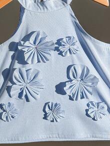 Toddler Blue & White Striped Halter Top & 3D Flower Long Pants T-Shirt Set, Suitable For Travel, Vacation, And Daily Wear - Baby Blue - View 5