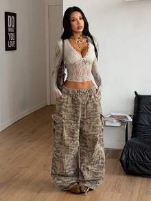 Coolane Women's Fall/All-Season Streetwear Rave Outfit Festival Boho Western Wear Y2K Gyaru Lace V-Neck Long Sleeve Tees - Khaki - View 3