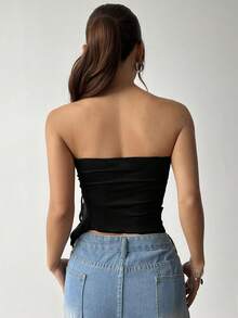 SHEIN EZwear 夏季不对称下摆单肩上衣，配有侧抽绳细节 - 黑色 - 查看 2