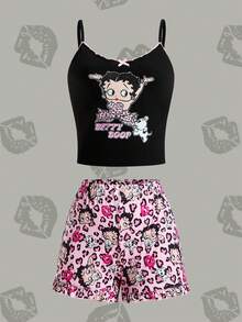 Betty Boop x SHEIN Women's Summer Figure Graphic Cami Top And Leopard Print Shorts Pajama Set - Black and Pink - View 2