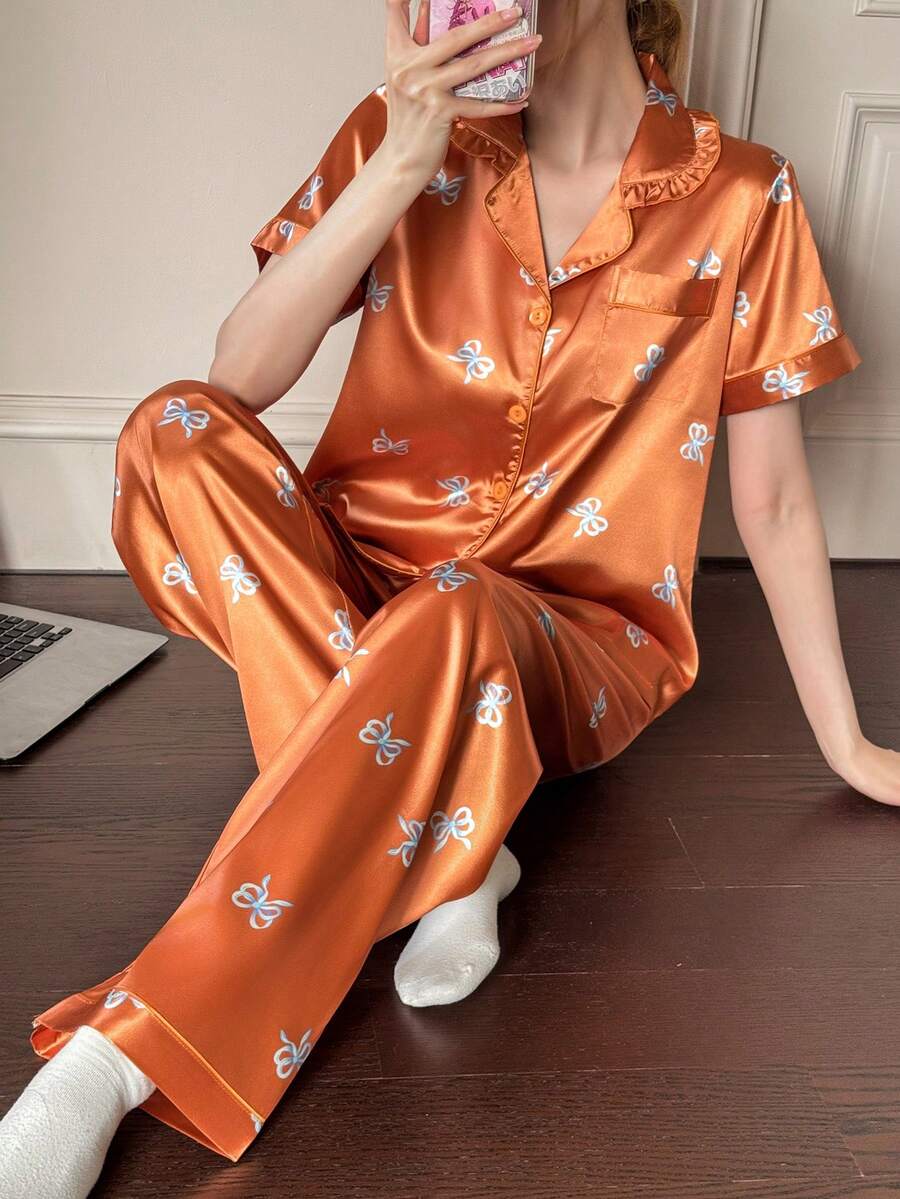 Dream Adore 2pcs Orange Women Sleepwear Set With Ruffle Collar, Bow Print And Short Sleeve - Orange - View 1