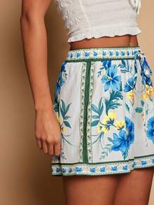 Travachic 印花打结休闲度假阔腿短裤 - 藍色 - 查看 7