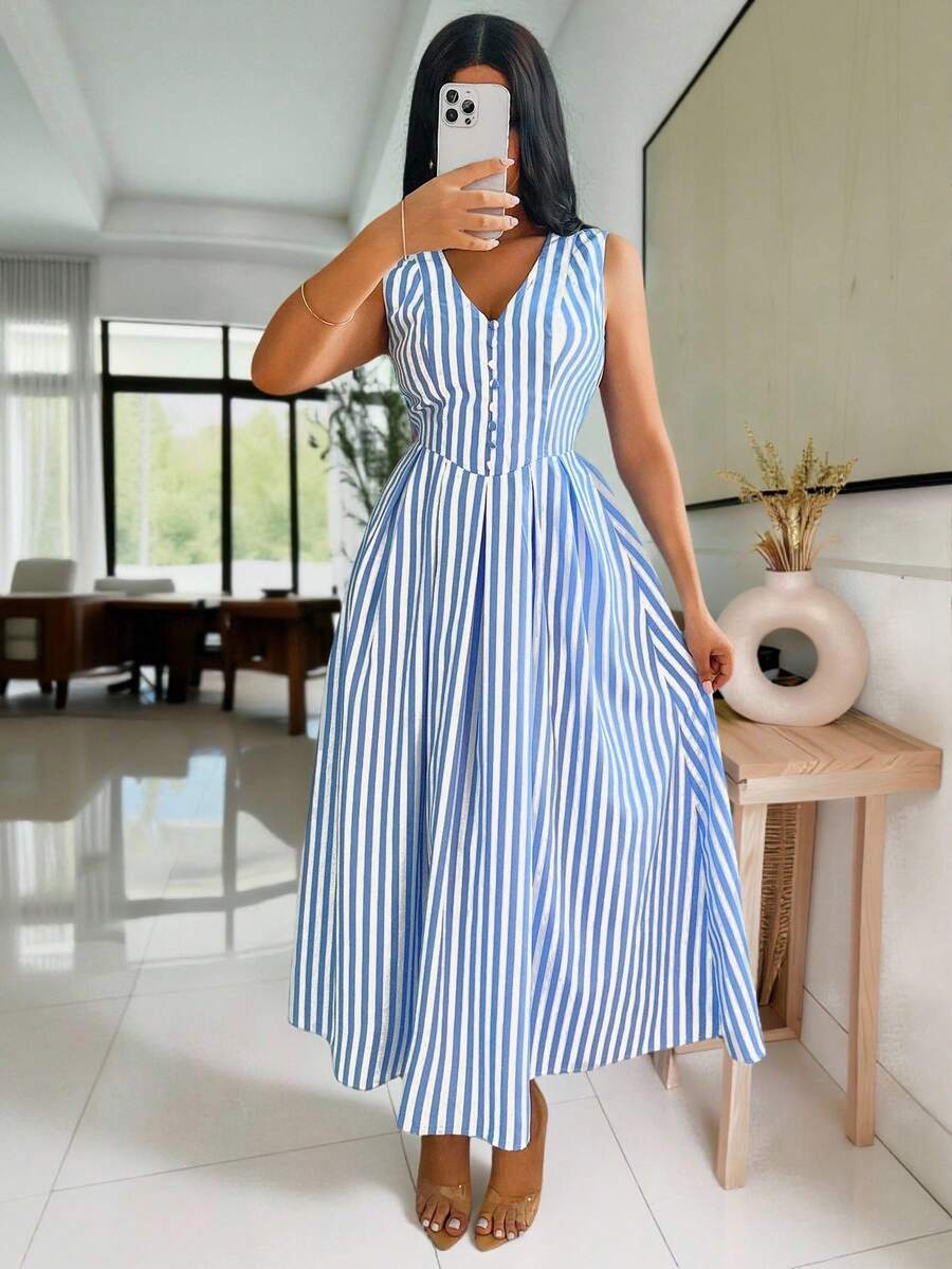 SHEIN Unity Vestido midi de botões com cintura e sem mangas, listrado, para o verão - Azul - Visão 1