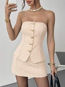 Siren Gaze 女士夏季两件套 | 办公室休闲贝壳设计及节日穿搭 | 波西米亚风吊带背心和迷你裙套装 | 从海滩到早午餐的穿搭 | 金属贝壳纽扣职场必备单品 | 2025夏季系列 - 杏色 - 查看 6