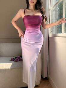 DAZY 女士优雅渐变褶皱吊带中长连衣裙，夏季 - 紫色 - 查看 3