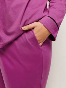 LUVLETTE Conjunto de pijama de algodón 100% puro suave con pantalón y top con botones y ribete de contraste para tallas grandes - Morado - Ver 7