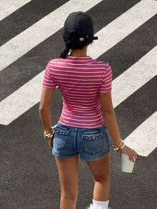 StreetHx Women's Polo Collar Red Striped Print Button Front Short Sleeve T-Shirt - Red and White - View 3