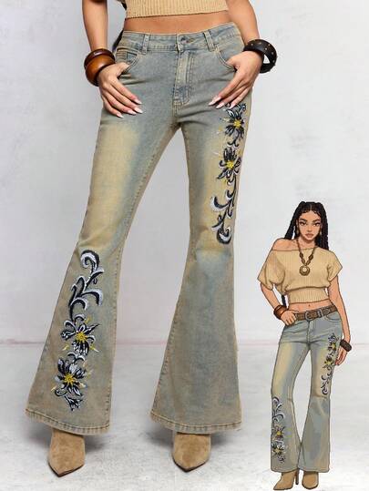 Women's Retro Hippie Style Music Festival Super Low Waist Beaded Embroidered Flare Jeans