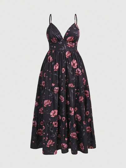Goth Robe élégante à bretelles fines avec imprimé floral, grande taille, vacances