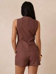 SHEIN Glamour Women's Summer Fashion Commuter Solid Color Vest & Shorts 2 Pieces Set - Brown - View 2