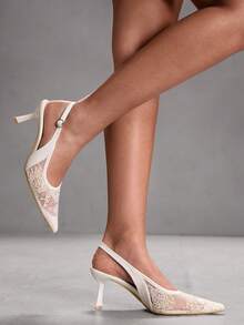 CUCCOO SZL Giày cao gót mũi nhọn dành cho nữ, trang trí dây xích kim loại, phần trên bằng lưới, lớp lót màu đỏ quyến rũ, thiết kế hở gót thanh lịch, sandal gót bất đối xứng. - Chantilly - Xem 8