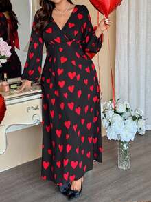 Vionelle 大码女式心形图案系带蝴蝶结连衣裙，情人节 - 黑色 - 查看 5