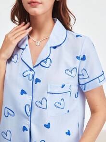 Bonmuse 女士心形印花短袖上衣和短裤睡衣套装，清凉浅蓝色 - 藍色 - 查看 8