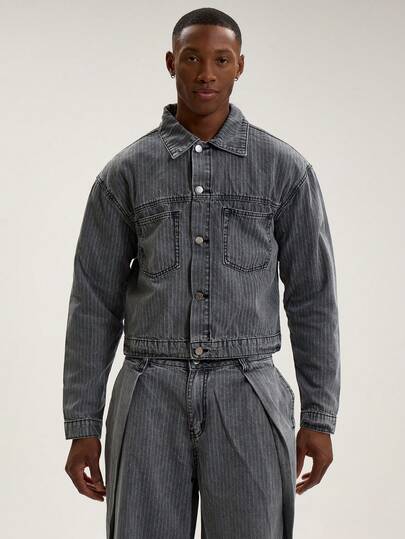 Musero Överdimensionerad boxig, randig jeansjacka med knappar, endast höst/vinter, streetwear