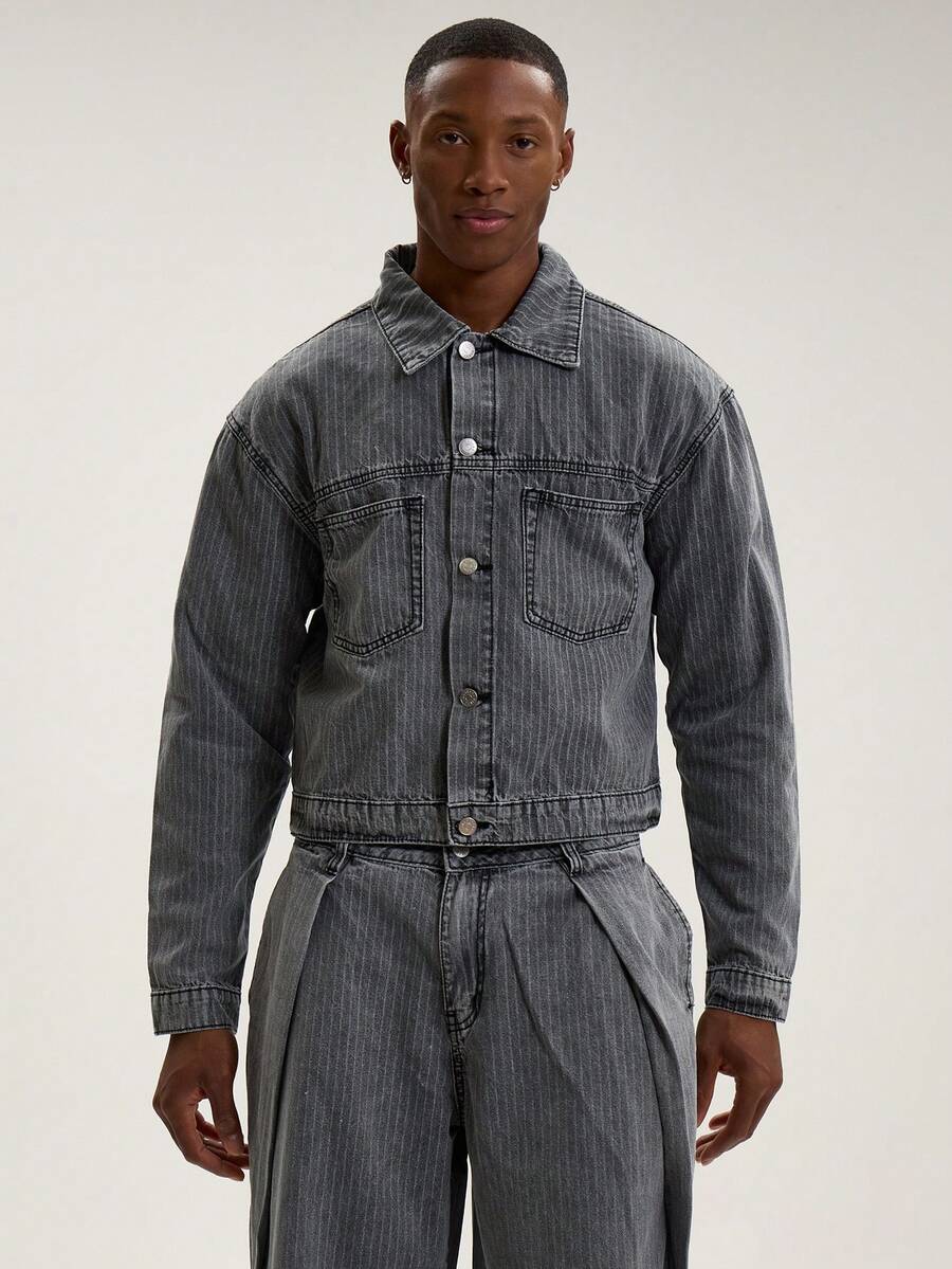 Musero Chaqueta vaquera de rayas de sastre oversize con botones para primavera y verano, solo para ropa de calle - Gris Claro - Ver 1