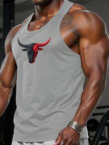 GymBeat 男士公牛印花休闲健身无袖背心 - 灰色 - 查看 3