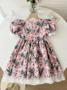 LMoss Kids 女童夏季碎花拼接刺绣网纱泡泡袖连衣裙 - 彩色 - 查看 3