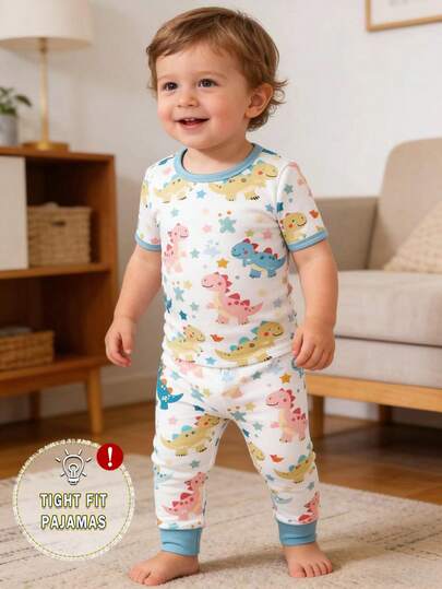 Baby Boy Colorful Cartoon Dinosaur Print Short Sleeve Snug Fit Pajama Set