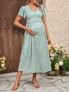 SHEIN 孕妇雏菊印花V领荷叶边短袖哺乳连衣裙