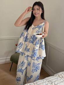 Dazy Plus 两件套睡衣：宽松长款睡裙和阔腿睡裤，春夏款 - 白色 - 查看 3